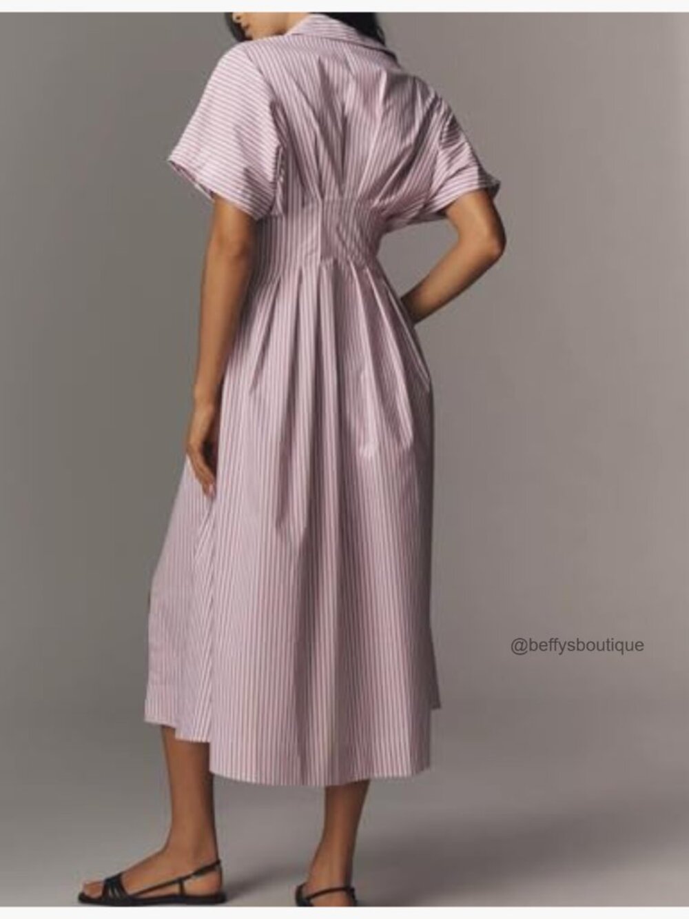 Striped Button Down Pleated Shirt Maxi Dress Summer Lapel V Neck Short Sleeve - Picture 5 of 5